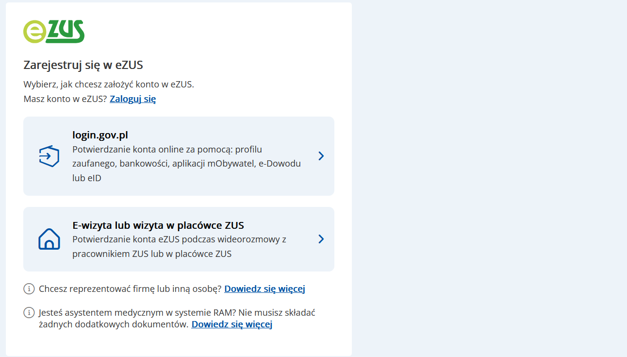 Ekran rejestracji konta eZUS — wybierz „login.gov.pl"