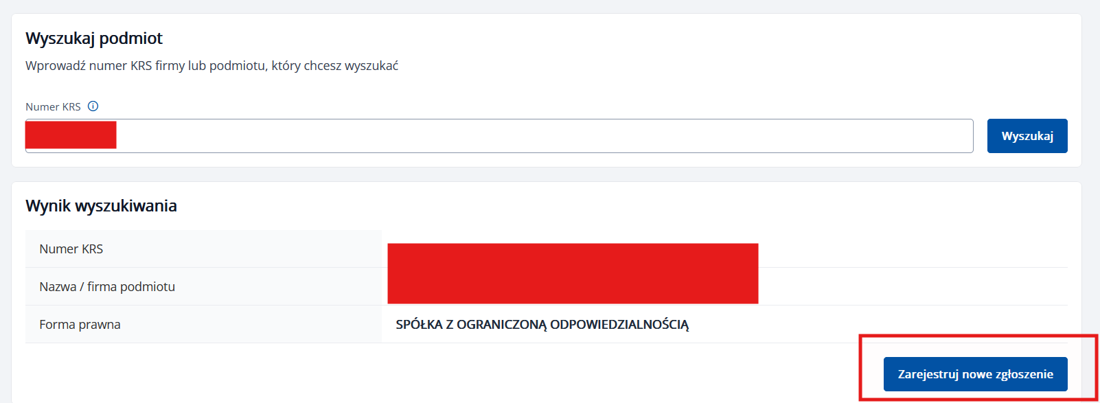 Wyszukiwanie spółki po numerze KRS — kliknij „Zarejestruj nowe zgłoszenie"