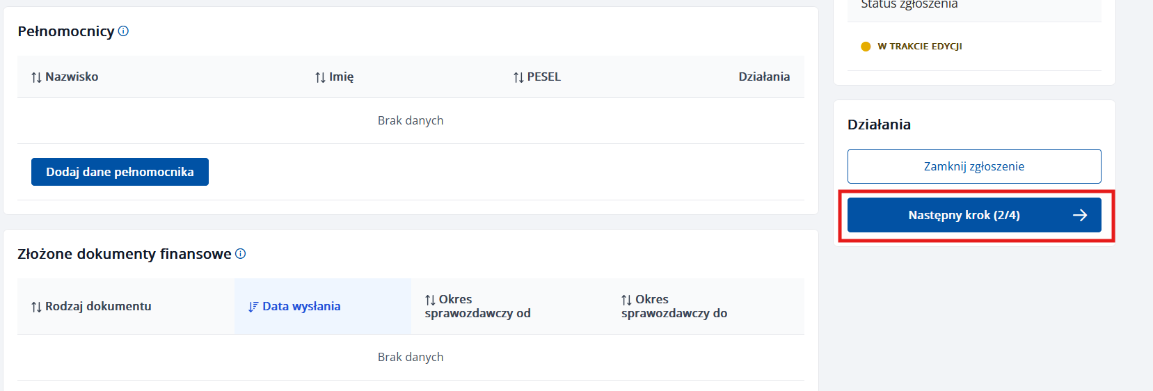 Krok 1/4 — podstawowe dane spółki, przejście do kroku 2