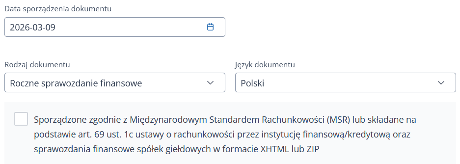 Formularz dodawania sprawozdania finansowego — wybór rodzaju dokumentu