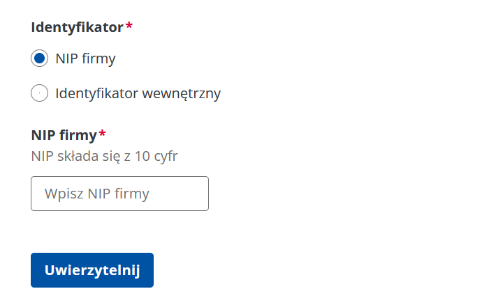 Formularz logowania — wpisz NIP spółki i kliknij „Uwierzytelnij"