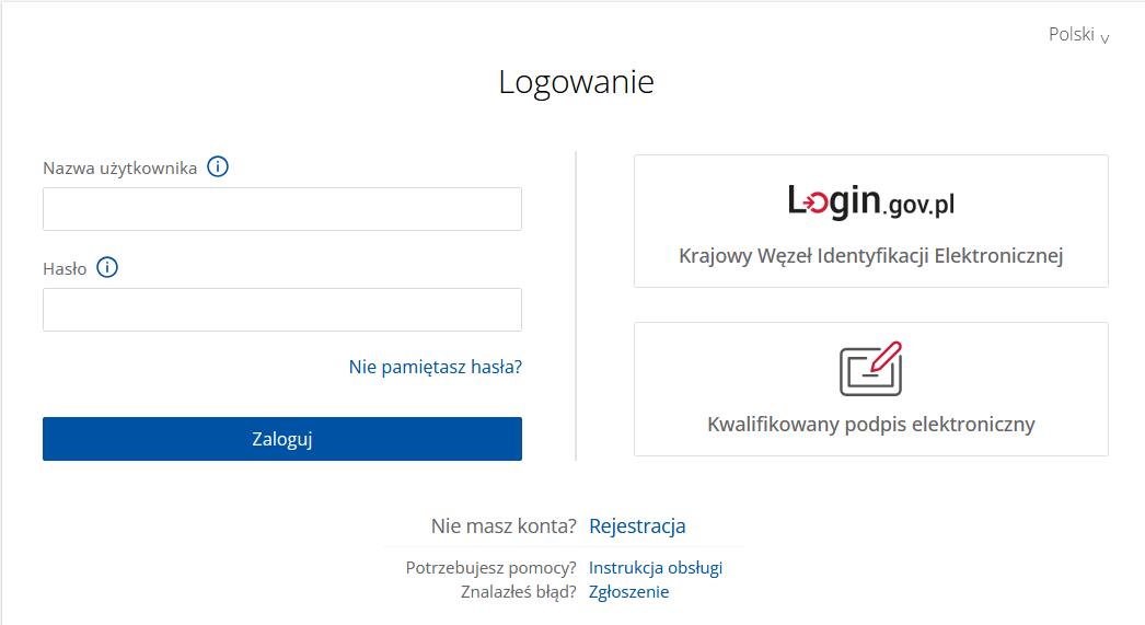 Ekran logowania do portalu e-KRS