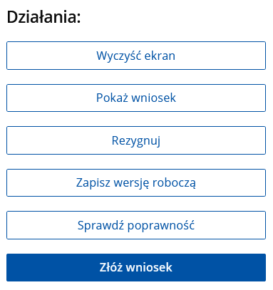 Przyciski akcji — kliknij „Złóż wniosek"