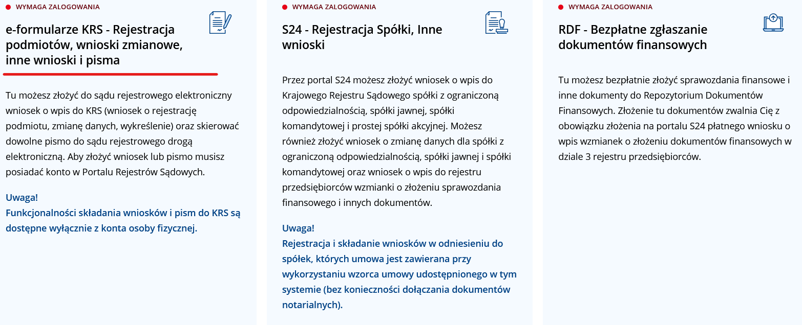 Sekcje e-formularzy KRS — wybierz „Wnioski o zmianę"