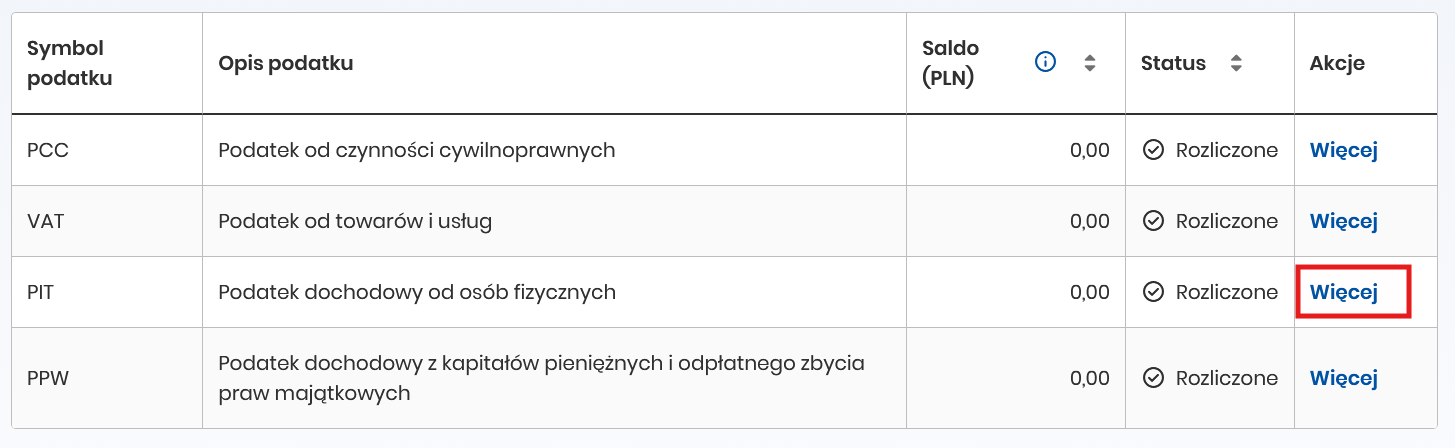 Tabela rozliczeń w e-US — wybierz rodzaj podatku i kliknij „Więcej"