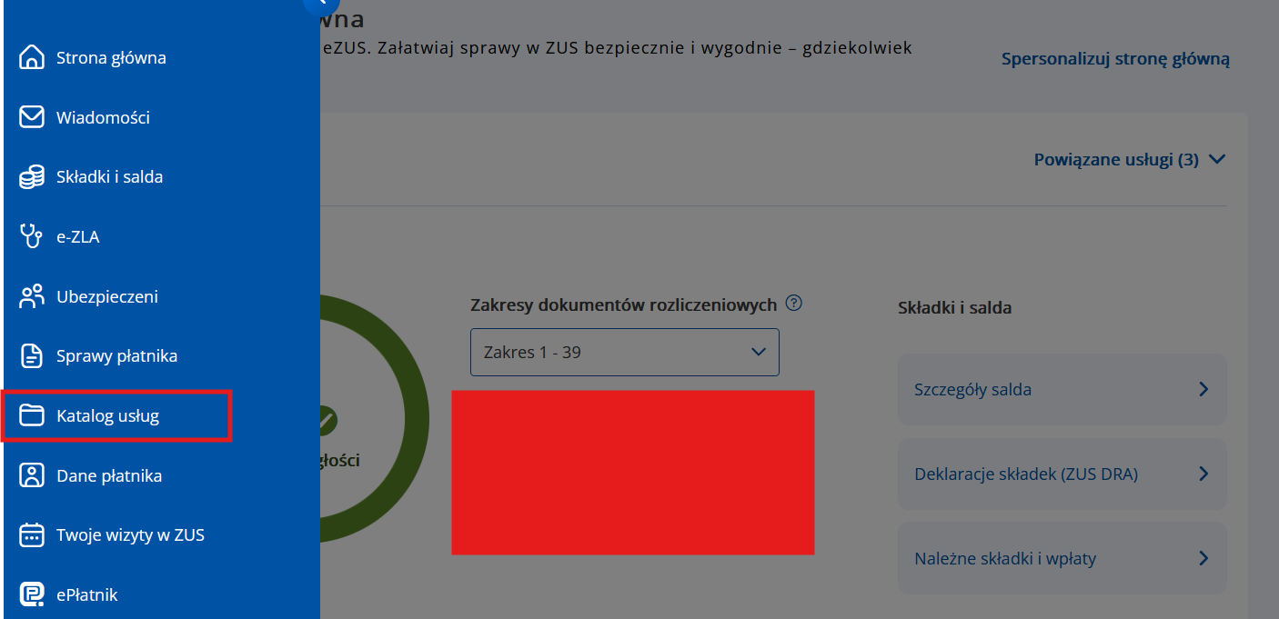 Panel eZUS — wybierz „Katalog usług" w menu bocznym
